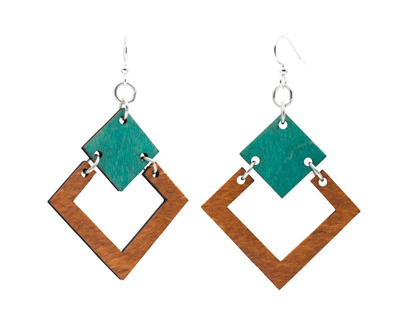 Irel Square #1198 earrings made from sustainably sourced wood, featuring a unique laser-cut design and hypoallergenic stainless steel ear wires.