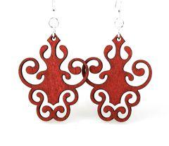 Iron Lamp Design Earrings #1327 in Cherry Red, showcasing intricate laser-cut wood and hypoallergenic silver-finished ear wires.
