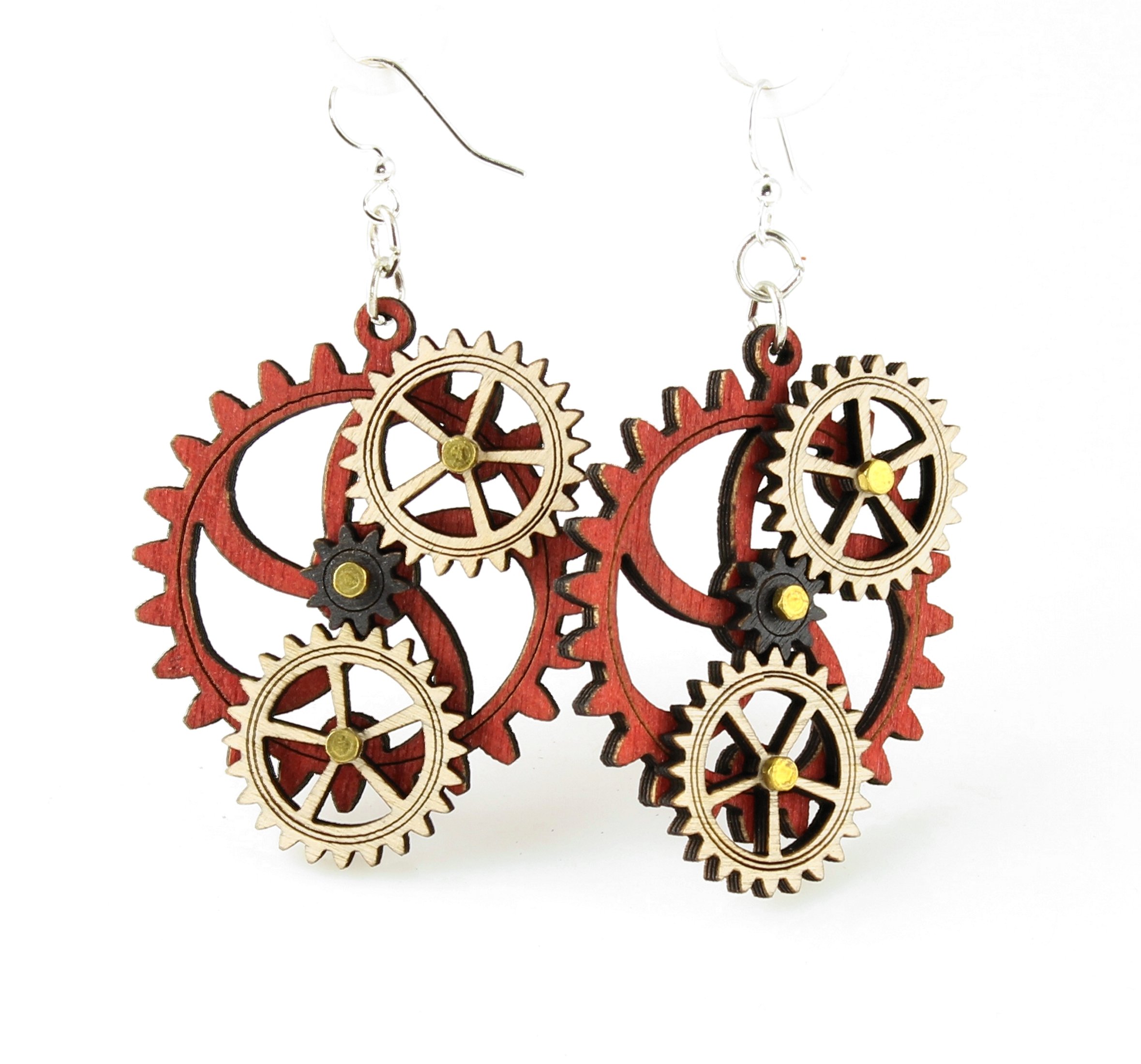Kinetic Gear Earrings 5005A featuring moving gears in cherry red, natural wood, and black satin, made from eco-friendly materials.