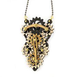 Kinetic Piston Gear Necklace 6002A featuring moving gears, made from sustainably sourced wood with a black satin and natural wood finish.