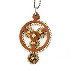 Kinetic Planetary Gear Necklace 6003B featuring moving gears, made from natural wood with a cinnamon and tan finish.