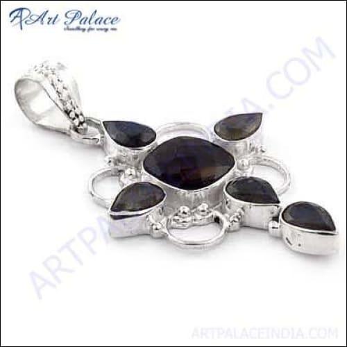 Handmade Labradorite and Smokey Quartz Gemstone Pendant in German silver, showcasing iridescent and smoky tones.