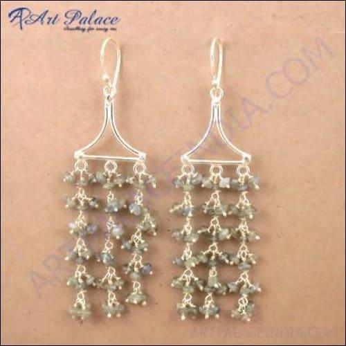 Elegant Labradorite Beaded Silver Dangle Earrings showcasing iridescent gemstone beads and intricate silver design.