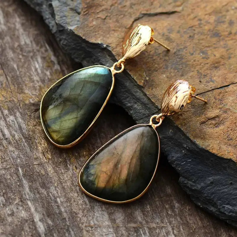 Elegant Labradorite Drop Earrings showcasing unique green, grey, and brown tones, handmade with high-quality semi-precious stones.