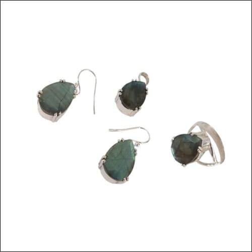 A stunning 3-piece jewelry set featuring pear-shaped Labradorite gemstones set in 925 sterling silver, including a pendant, earrings, and a ring.