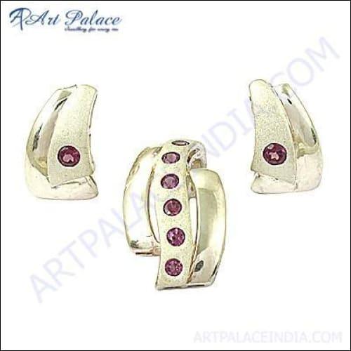 Elegant 925 Sterling Silver Gemstone Pendant Set featuring a sparkling pink cubic zirconia, perfect for any occasion.