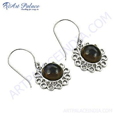 Elegant 925 sterling silver earrings featuring round cabochon smokey quartz gemstones, showcasing a sophisticated design.