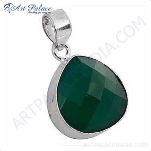 Bright green onyx gemstone pendant set in elegant German silver, showcasing intricate design and vibrant color.