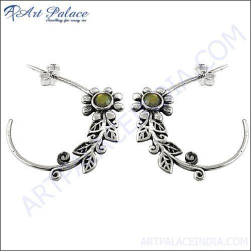 Latest Flower Design Hoop Labradorite Silver Earrings featuring intricate floral patterns and shimmering labradorite stones.