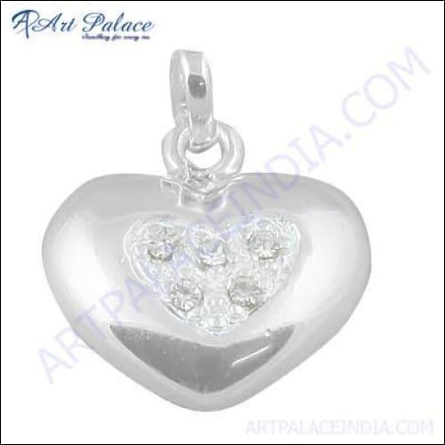 Latest heart shape silver pendant featuring cubic zirconia gemstones, elegantly designed for stylish wear.