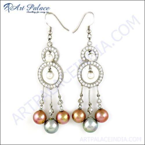 Elegant Luxury Pearl and Cubic Zirconia Silver Earrings crafted from 925 sterling silver, showcasing a beautiful design perfect for any occasion.