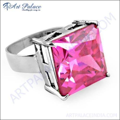 A luxurious pink cubic zirconia gemstone silver ring, showcasing its elegant design and sparkling details.