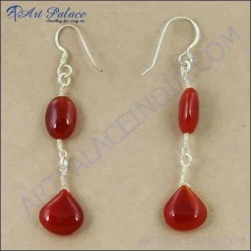 A pair of elegant Latest Style Carnelian Gemstone Silver Earrings made from 925 sterling silver, showcasing vibrant carnelian stones.