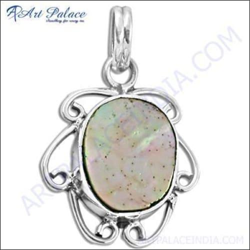 A stylish silver pendant featuring a beautiful mother of pearl gemstone, showcasing its elegant design and craftsmanship.