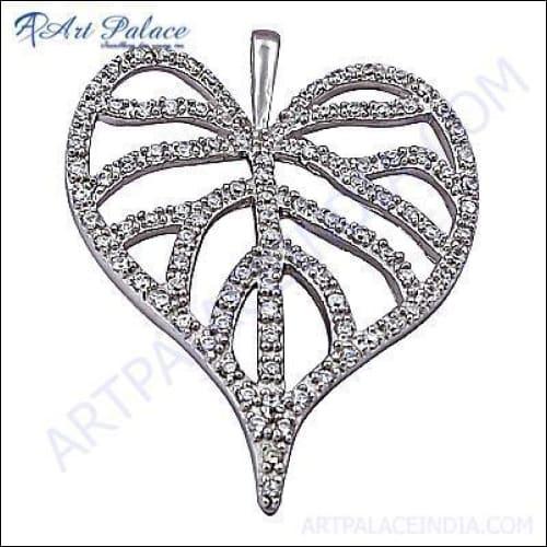 Leaf Style Cubic Zirconia Gemstone Silver Pendant featuring a delicate leaf design with sparkling cubic zirconia stones.