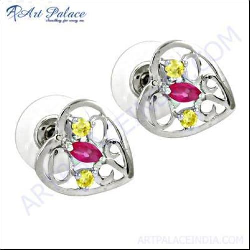 Lemon Quartz and Pink Glass Silver Stud Earrings featuring a whimsical heart design, showcasing vibrant colors and elegant craftsmanship.