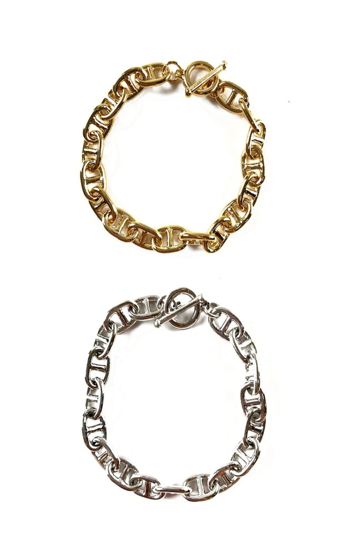 A stylish LINK CHAIN BRACELET featuring a double plated design and toggle clasp, measuring 7.5 inches in length and 0.3 inches in thickness.