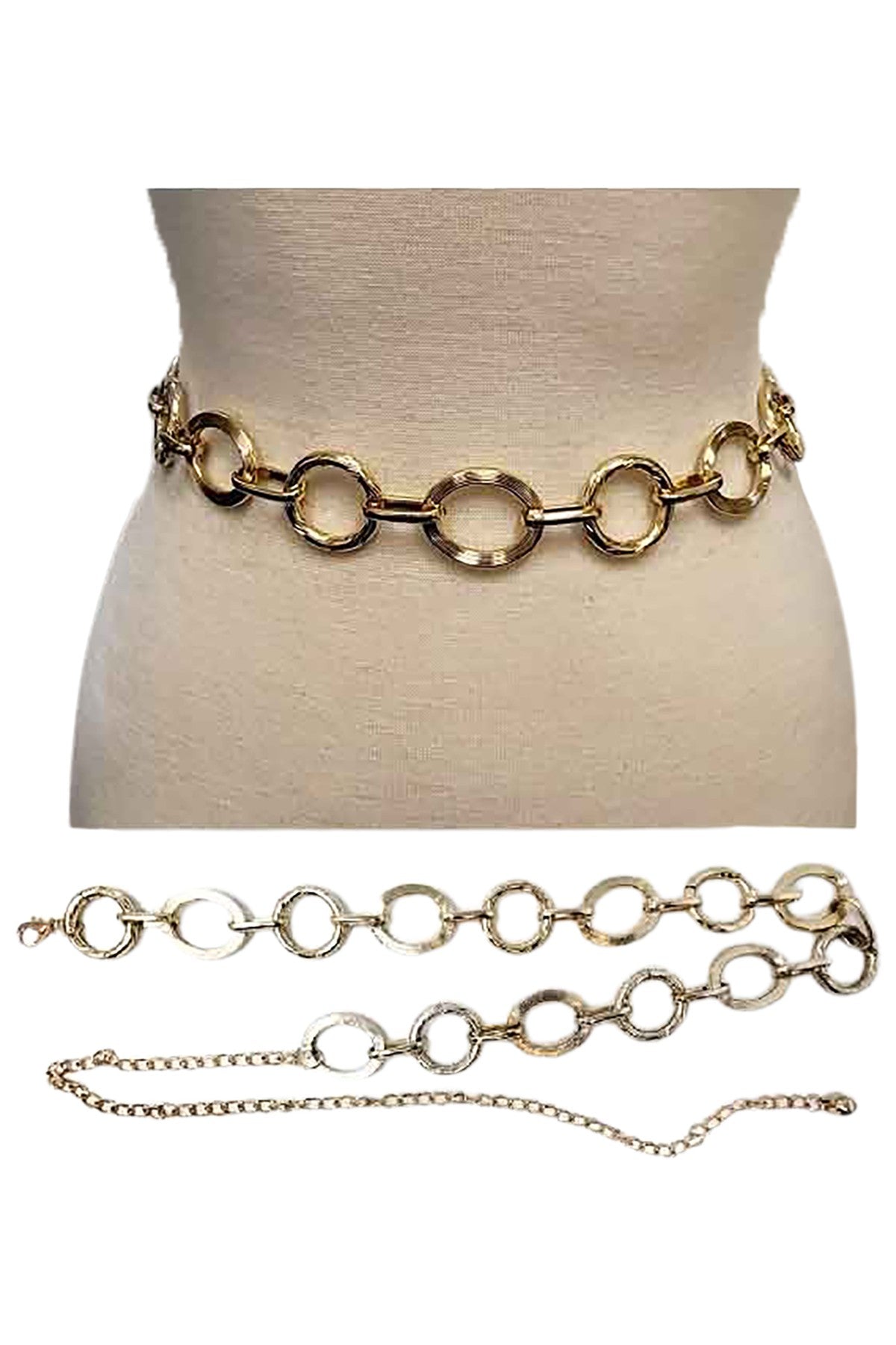 A stylish LINK ROUND CHAIN BELT featuring a unique link design with varying circle sizes, adjustable length, and a lobster claw clasp.