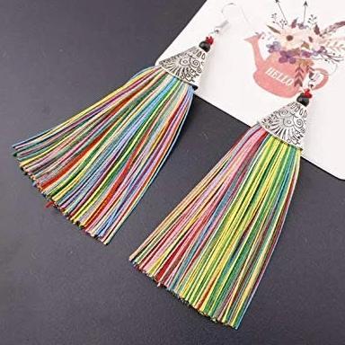 Colorful Long Tassel Earrings made of high-quality thread, featuring a boho design with a metal cap, perfect for casual wear.