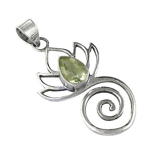 Lotus Style Logo Silver Pendant featuring a beautiful green amethyst gemstone, showcasing intricate design and craftsmanship.