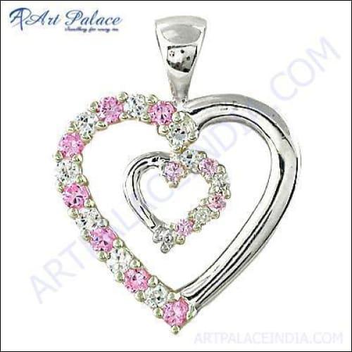 A beautiful heart-shaped pink cubic zirconia pendant set in high-quality silver, showcasing elegance and charm.