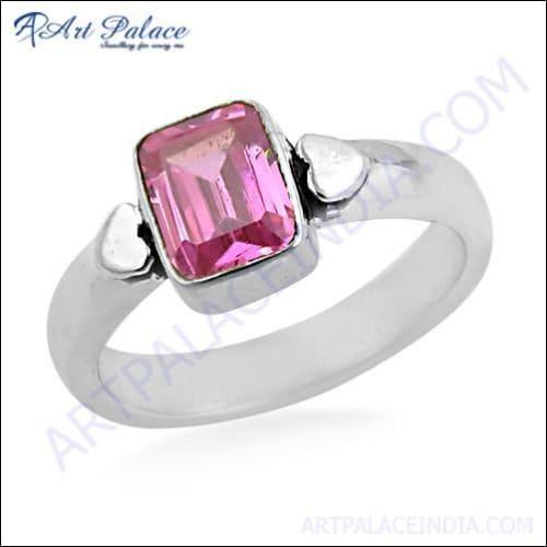Elegant Lovable Pink Cubic Zirconia Gemstone Silver Ring showcasing a vibrant pink stone set in polished silver.