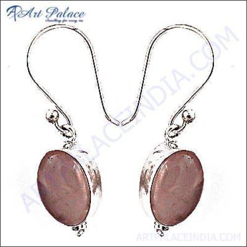 A pair of Lovable Silver Earrings featuring rose quartz gemstones, elegantly designed for comfort and style.