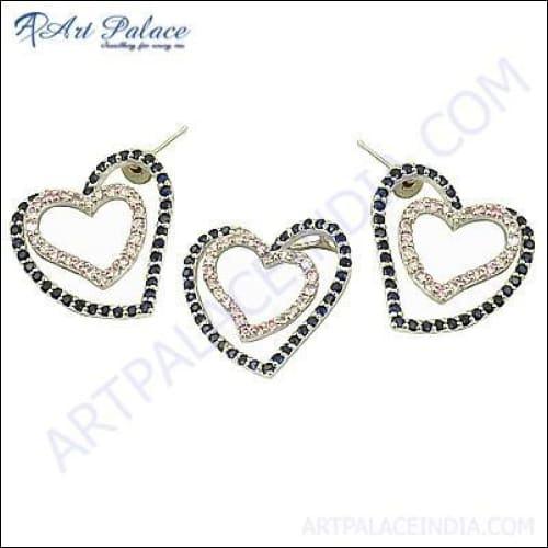 Lovely Heart Style Natural Gemstone Silver Pendant Set featuring a heart-shaped design with a natural gemstone centerpiece, elegantly crafted in silver.