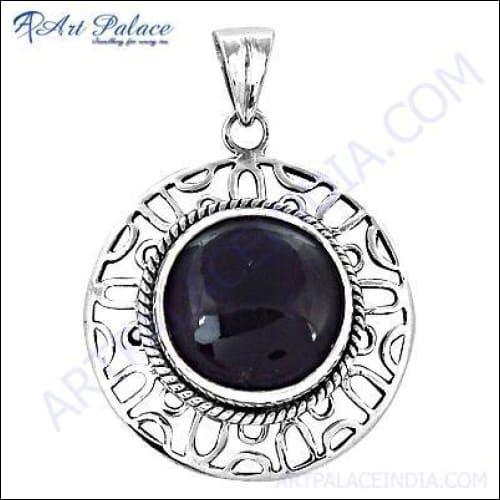 Luxurious Amethyst Gemstone Silver Pendant featuring intricate silver fretwork design and a vibrant purple amethyst centerpiece.