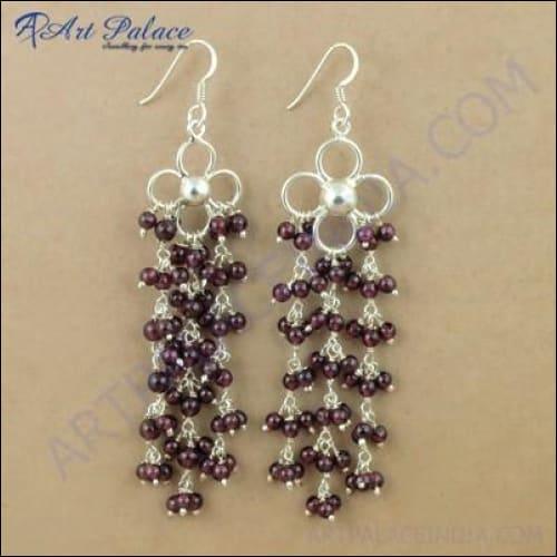 Luxurious garnet gemstone silver earrings featuring intricate beaded design, crafted from 925 sterling silver.