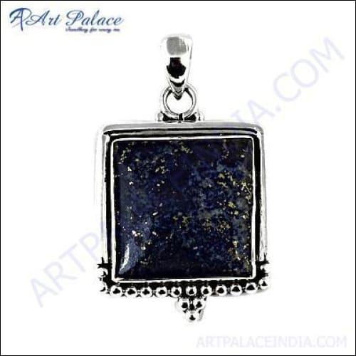 Luxurious Lapis Lazuli Gemstone Silver Pendant showcasing deep blue lapis lazuli with gold flecks, elegantly set in sterling silver.