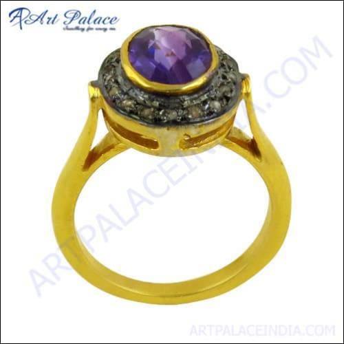 Luxury Amethyst Diamond Gold-Plated Silver Victorian Gemstone Ring featuring intricate design and vibrant gemstones.