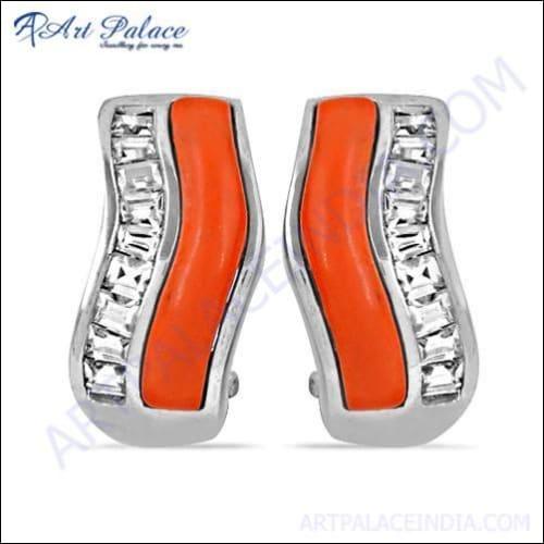 Luxury Coral Cubic Zirconia Gemstone Silver Earrings showcasing vibrant coral stones set in elegant silver design.