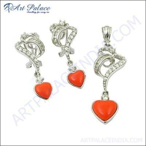 Luxury Fashion Silver Pendant Set featuring Cubic Zirconia and Synthetic Coral gemstones, showcasing exquisite craftsmanship and vibrant colors.