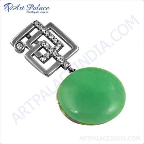 Luxury Green Aventurian Cubic Zirconia Silver Pendant showcasing a vibrant green stone surrounded by sparkling cubic zirconia, elegantly crafted in silver.
