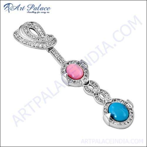Luxury Pink CZ Glass and Synthetic Turquoise Silver Pendant showcasing elegant design and vibrant colors.