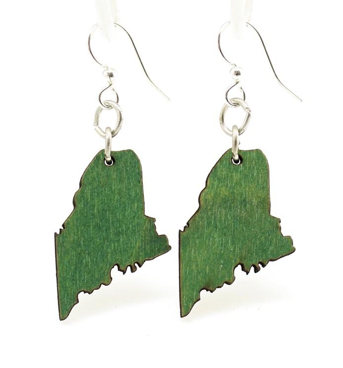 Maine State Earrings S019 made from lightweight laser-cut wood, featuring a green color and hypoallergenic silver-finished ear wires.
