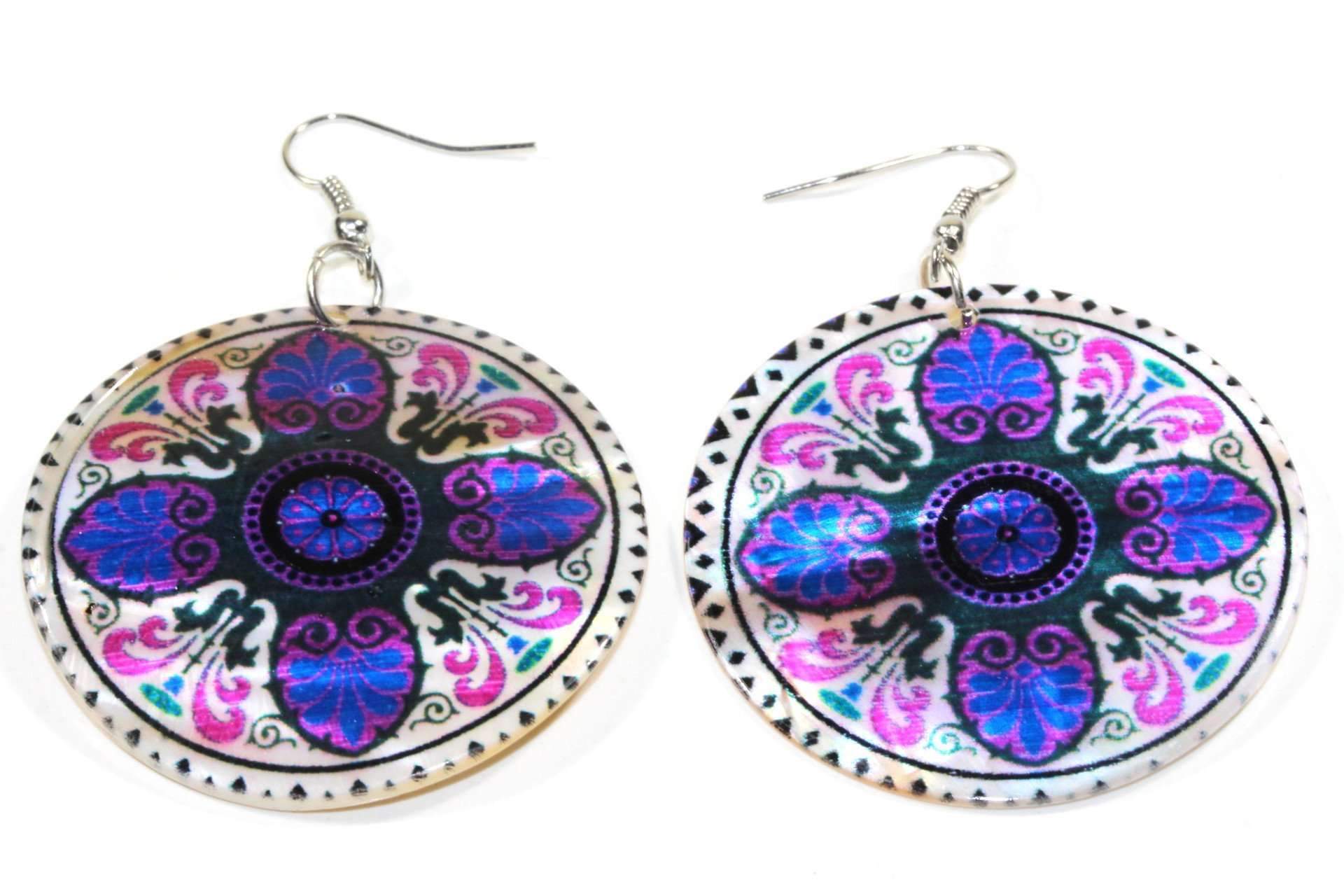 Colorful Mandala Chakra Art Earrings made of natural mother of pearl discs, showcasing vibrant fuchsia and blue designs.
