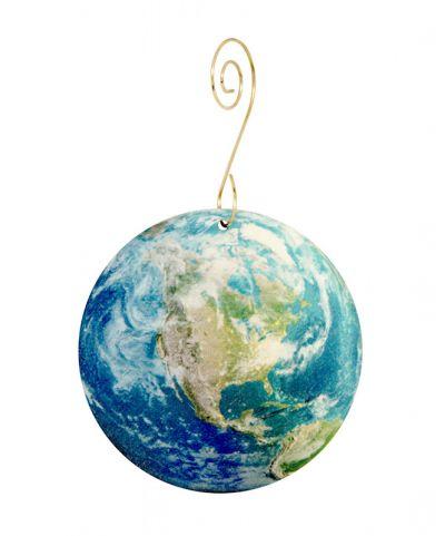 Mapped Earth Ornament #9942 made from birch wood or recycled paper, featuring a high-quality image with a 3-D illusion effect.