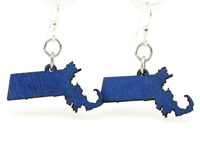 A pair of blue Massachusetts State earrings made from lightweight laser-cut wood, featuring silver-finished hypoallergenic ear wires.