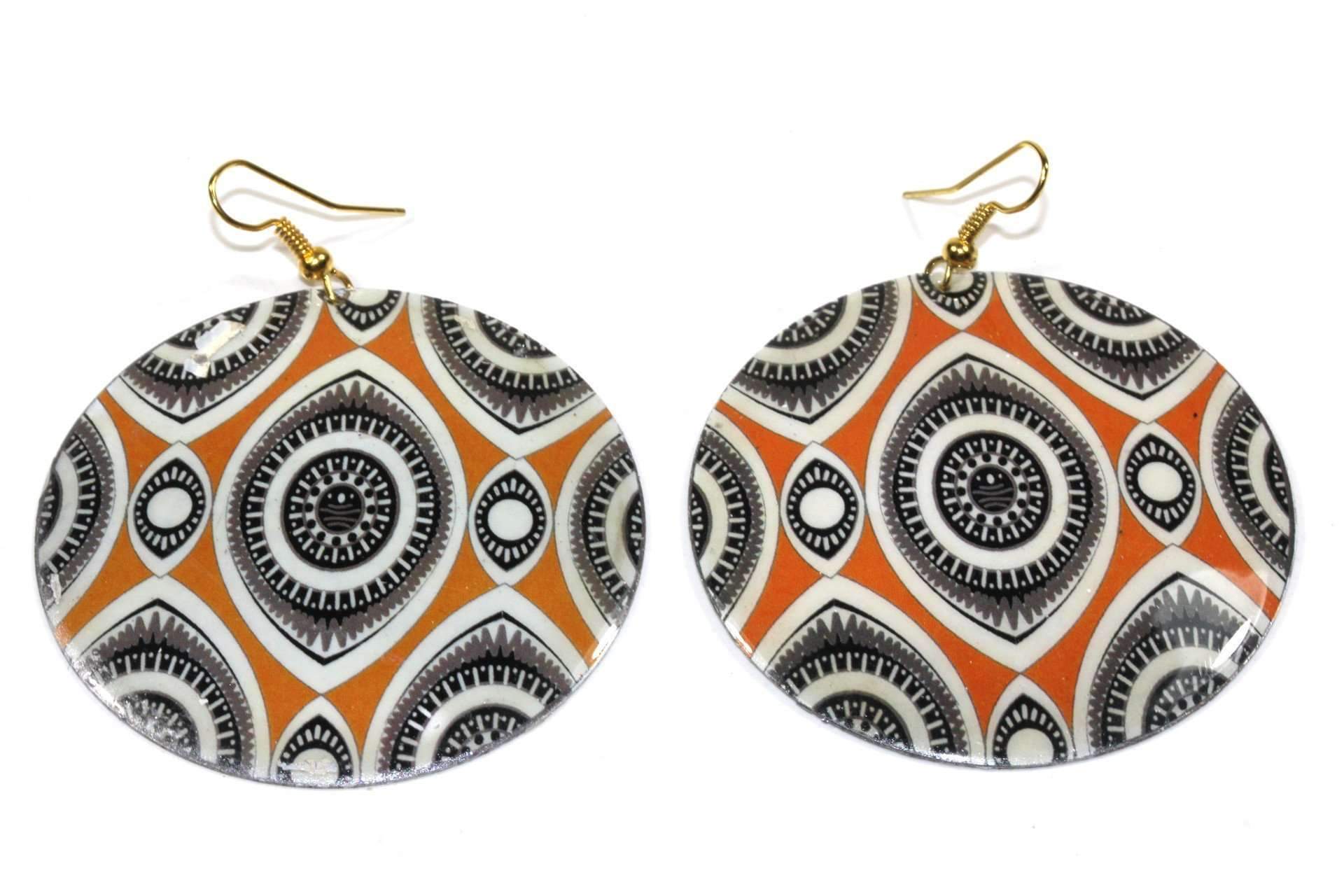 Handcrafted Mehndi Henna Art Evil Eye Earrings made of natural mother of pearl with saffron and black designs.