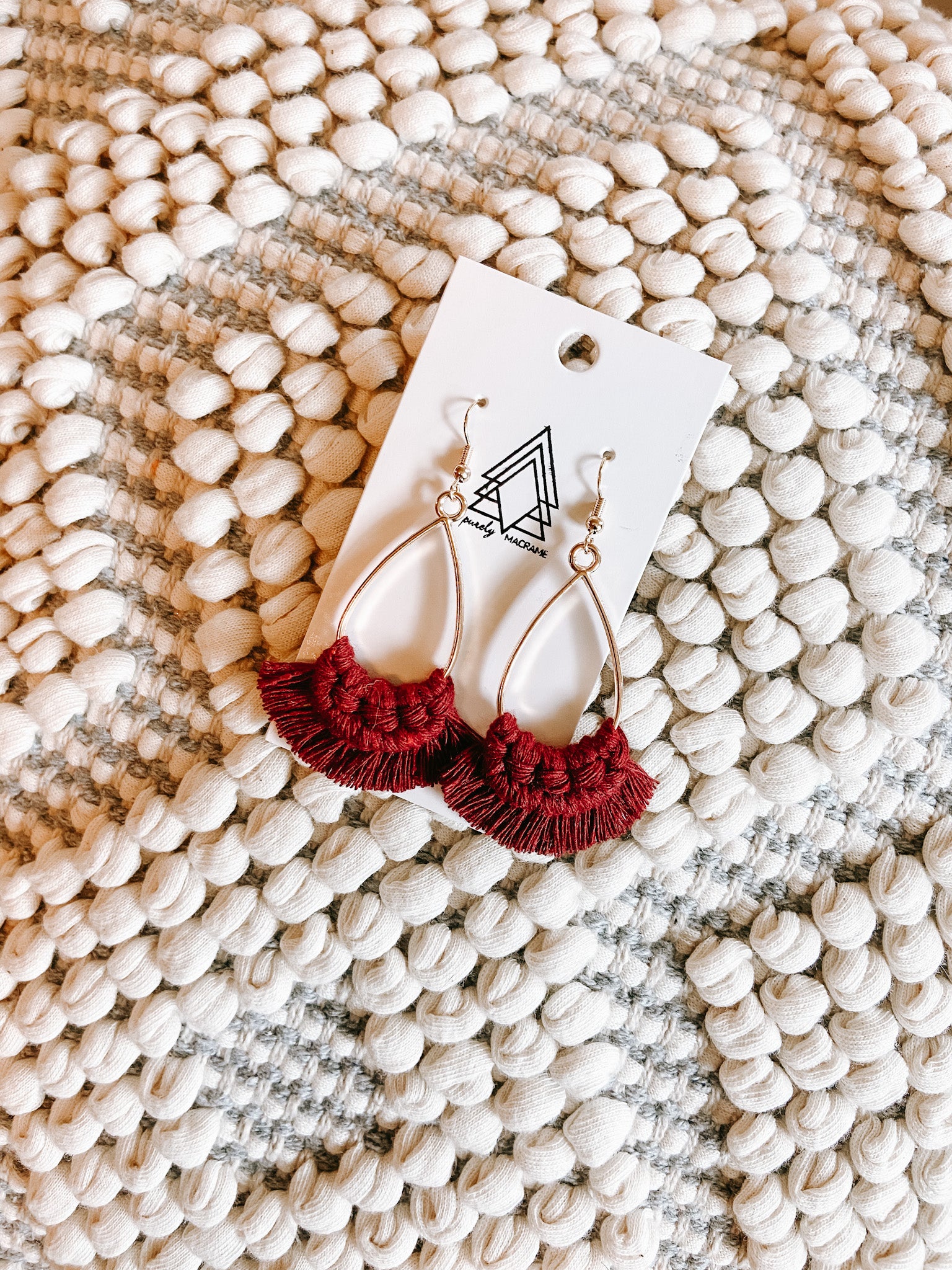 Elegant Merlot Teardrop earrings made from 100% macrame cotton, showcasing a rich color and lightweight design.
