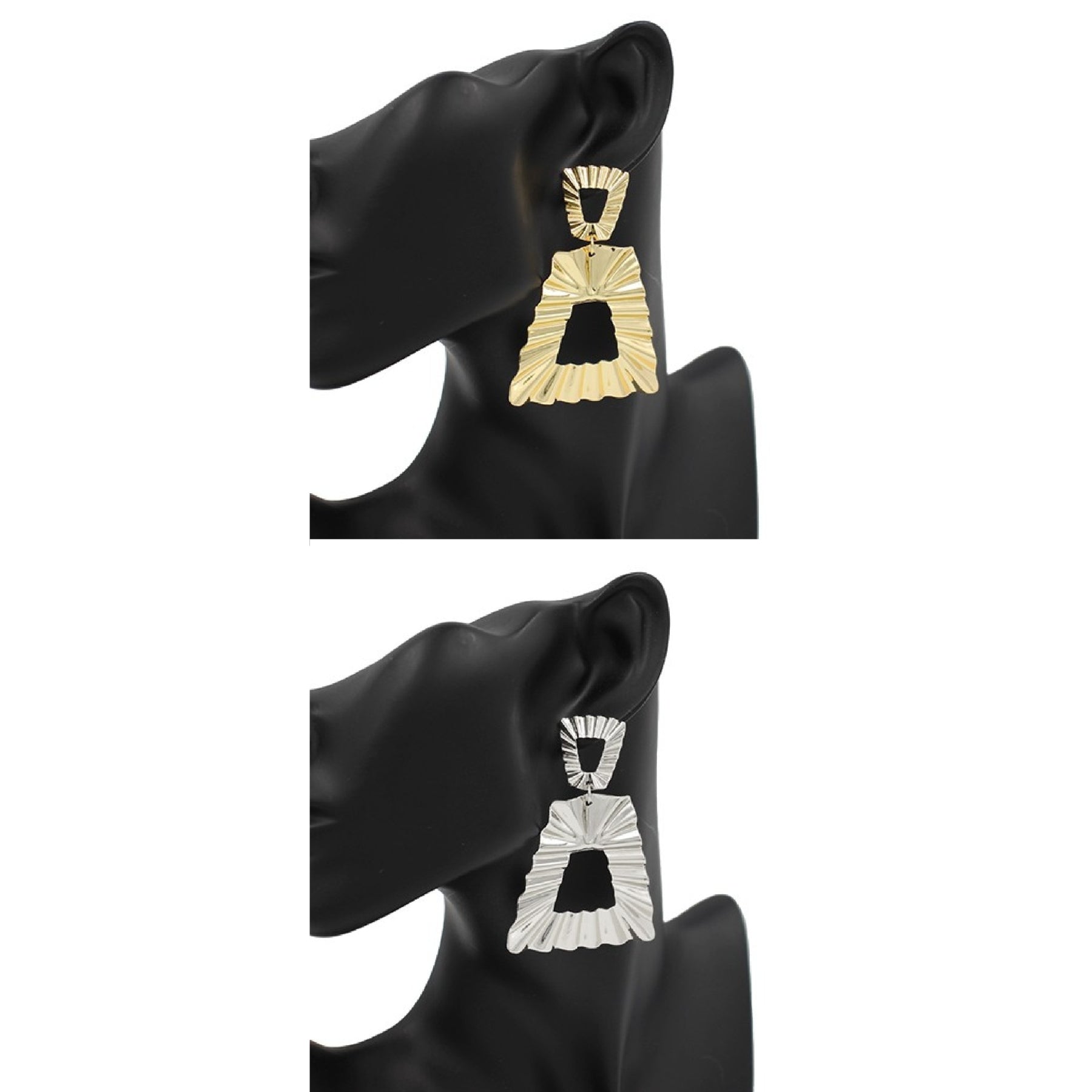 A pair of metallic square wave shaped earrings with a modern design, showcasing their unique wave pattern and shiny finish.