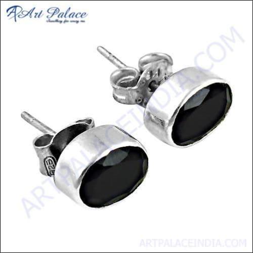Elegant Midnight Black Onyx Gemstone Silver Stud Earrings showcasing a sleek design with a polished silver finish and deep black onyx stones.