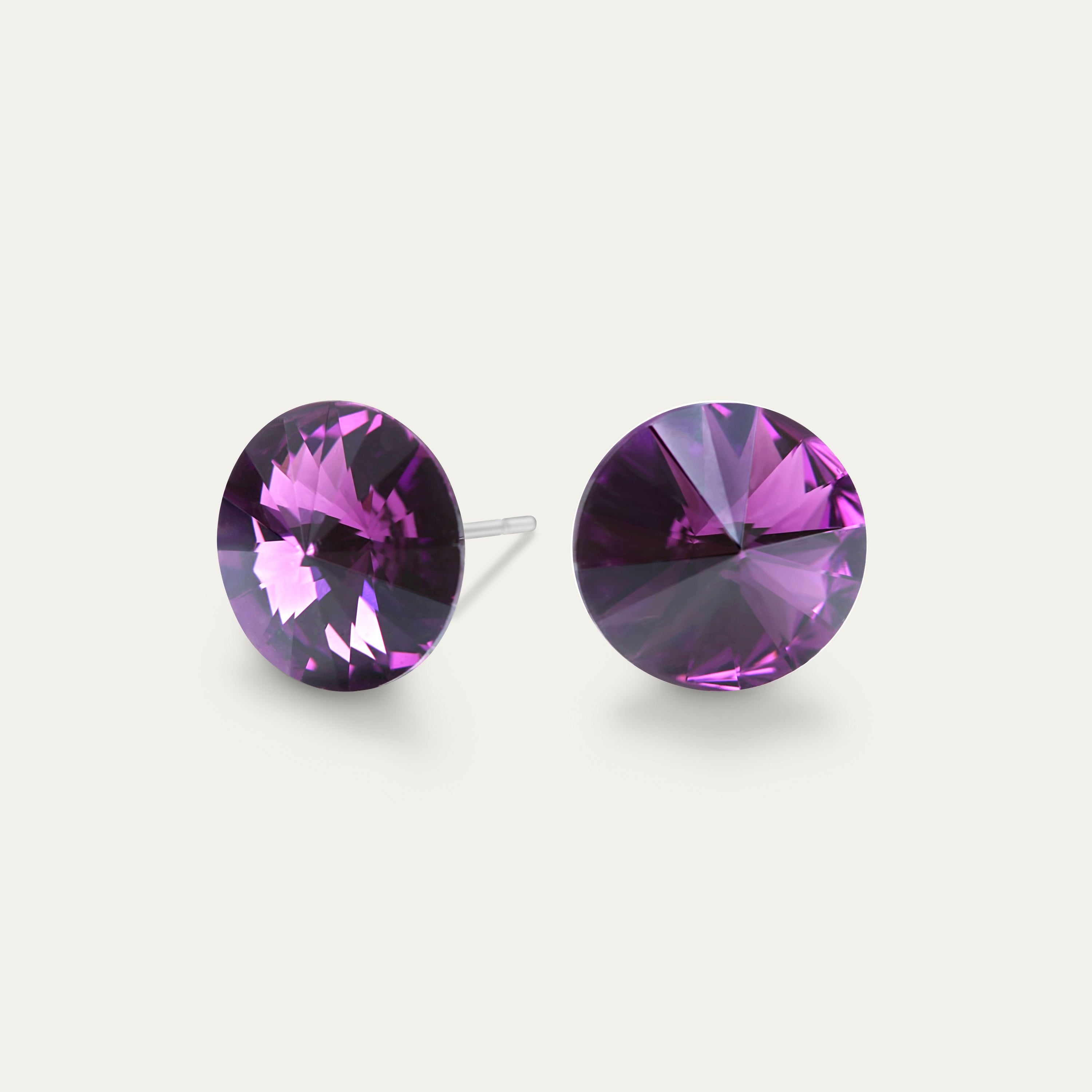 Mila Light Amethyst 8mm Hypoallergenic Crystal Stud Earrings with shimmering Rivoli crystals set in stainless steel.