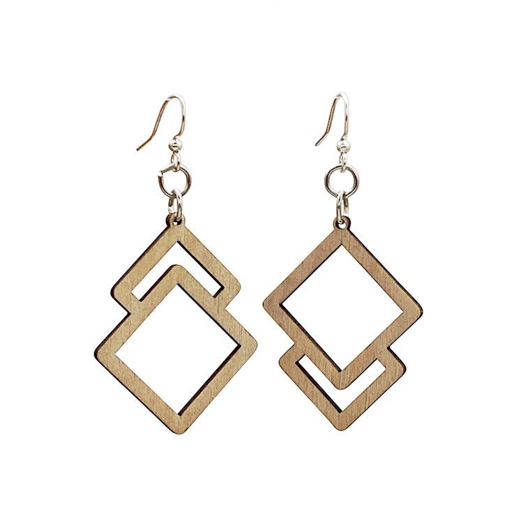 Minimal Design Earrings # T024 made from sustainably sourced wood with silver-finished stainless steel ear wires, displayed in Natural Wood color.