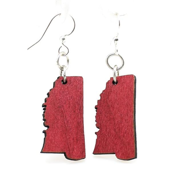 Mississippi State Earrings - S024, lightweight red laser-cut wood earrings with hypoallergenic stainless steel ear wires.