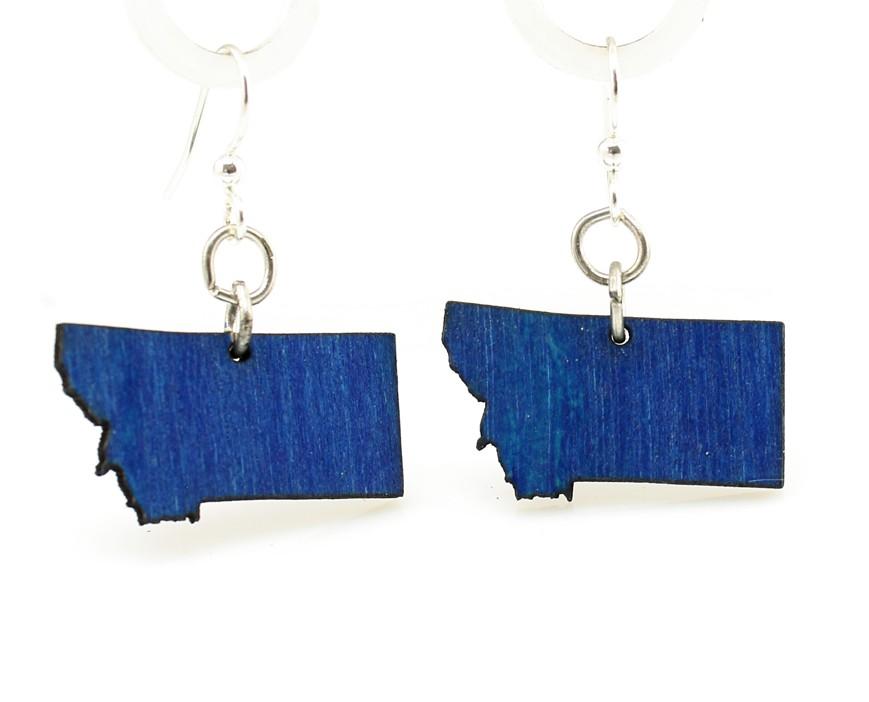 Montana State Earrings - S026 featuring blue laser-cut wood design with hypoallergenic stainless steel ear wires.