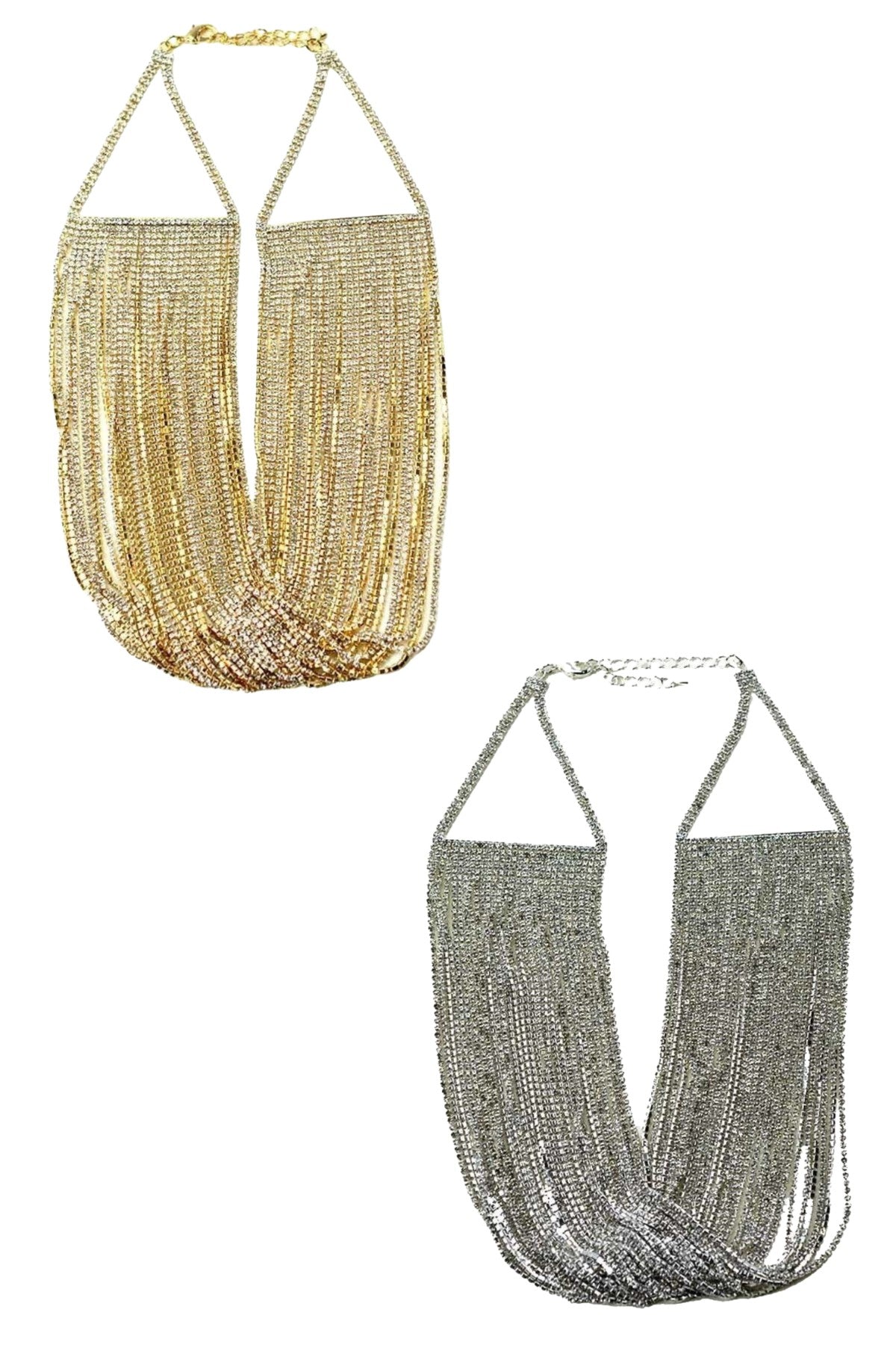 Multi Layer Rhinestone Lined Necklace featuring sparkling rhinestones and a lobster claw clasp with extender.