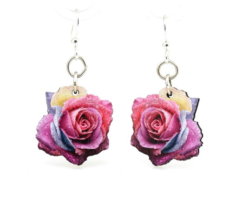Multi-Color Rose Blossom Earrings featuring vibrant rose petal design with natural wood back and hypoallergenic stainless steel ear wires.